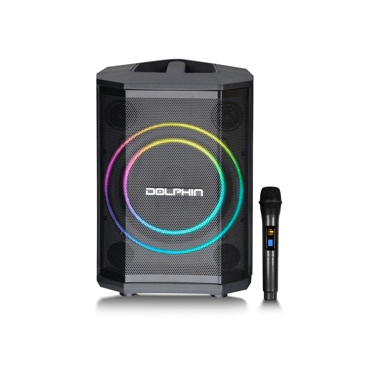 Black speaker with colorful LED rings and a wireless microphone on a white background