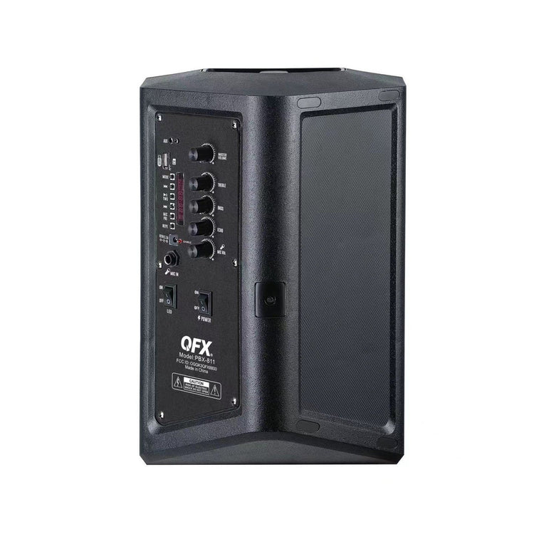 Black speaker with QFX branding on a white background