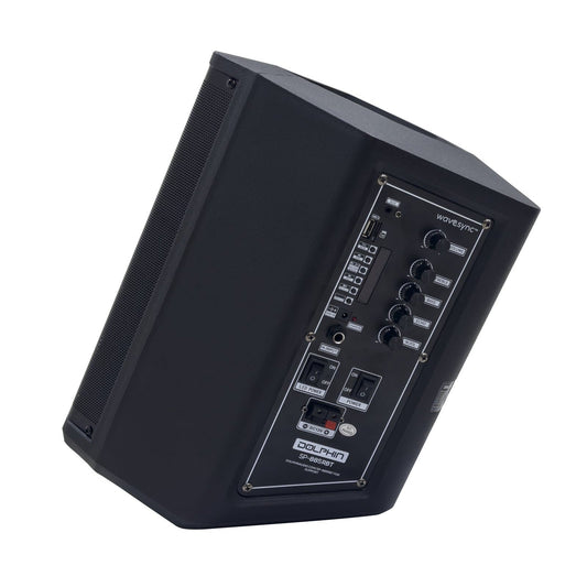 Black speaker with colorful RGB lighting on a white background