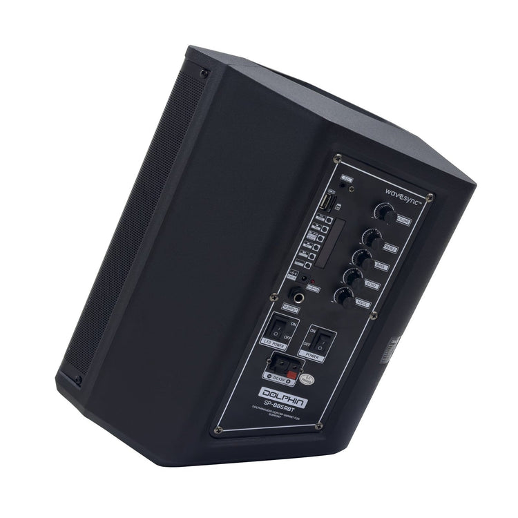 Black audio speaker with control panel on a white background