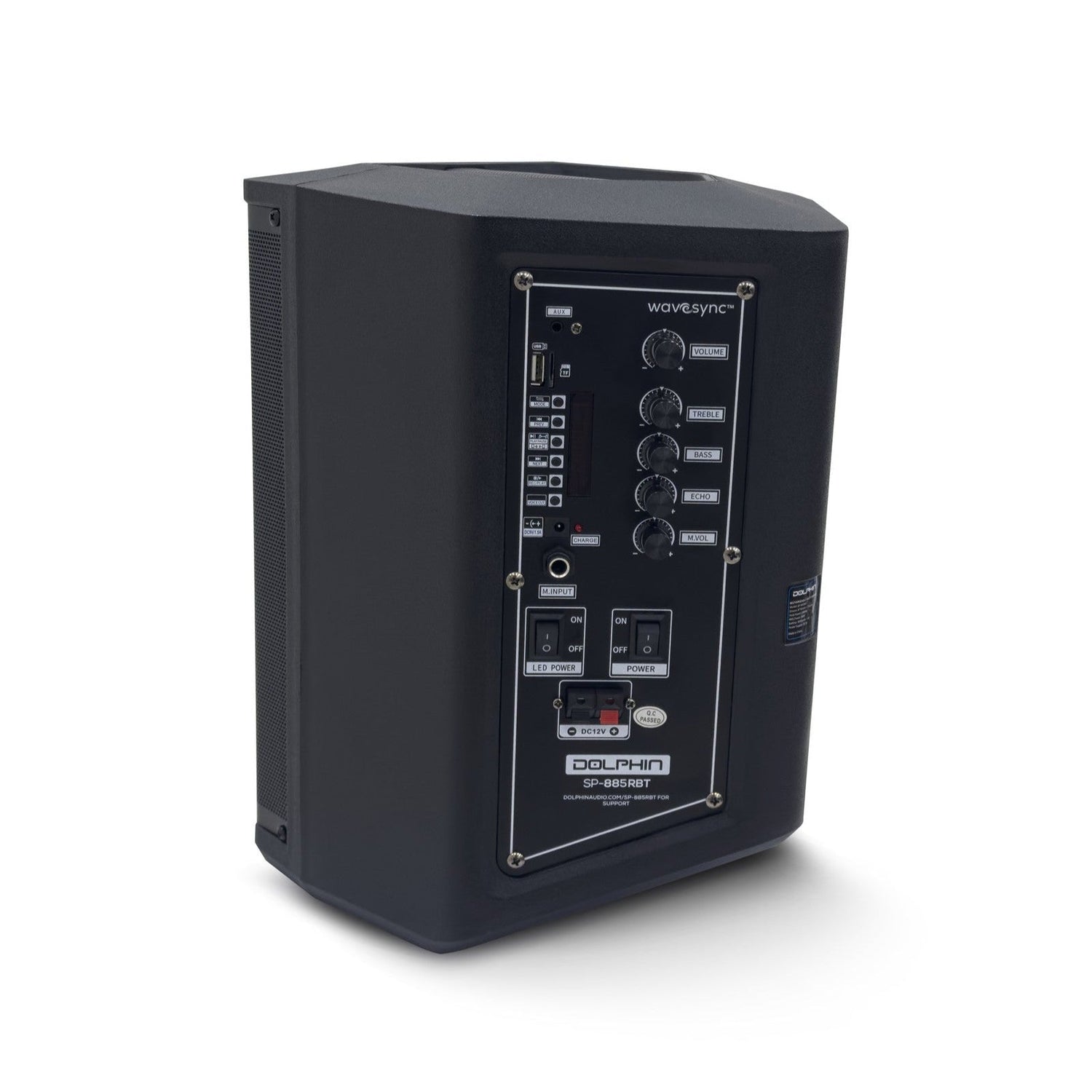 Black audio speaker with control panel on a white background