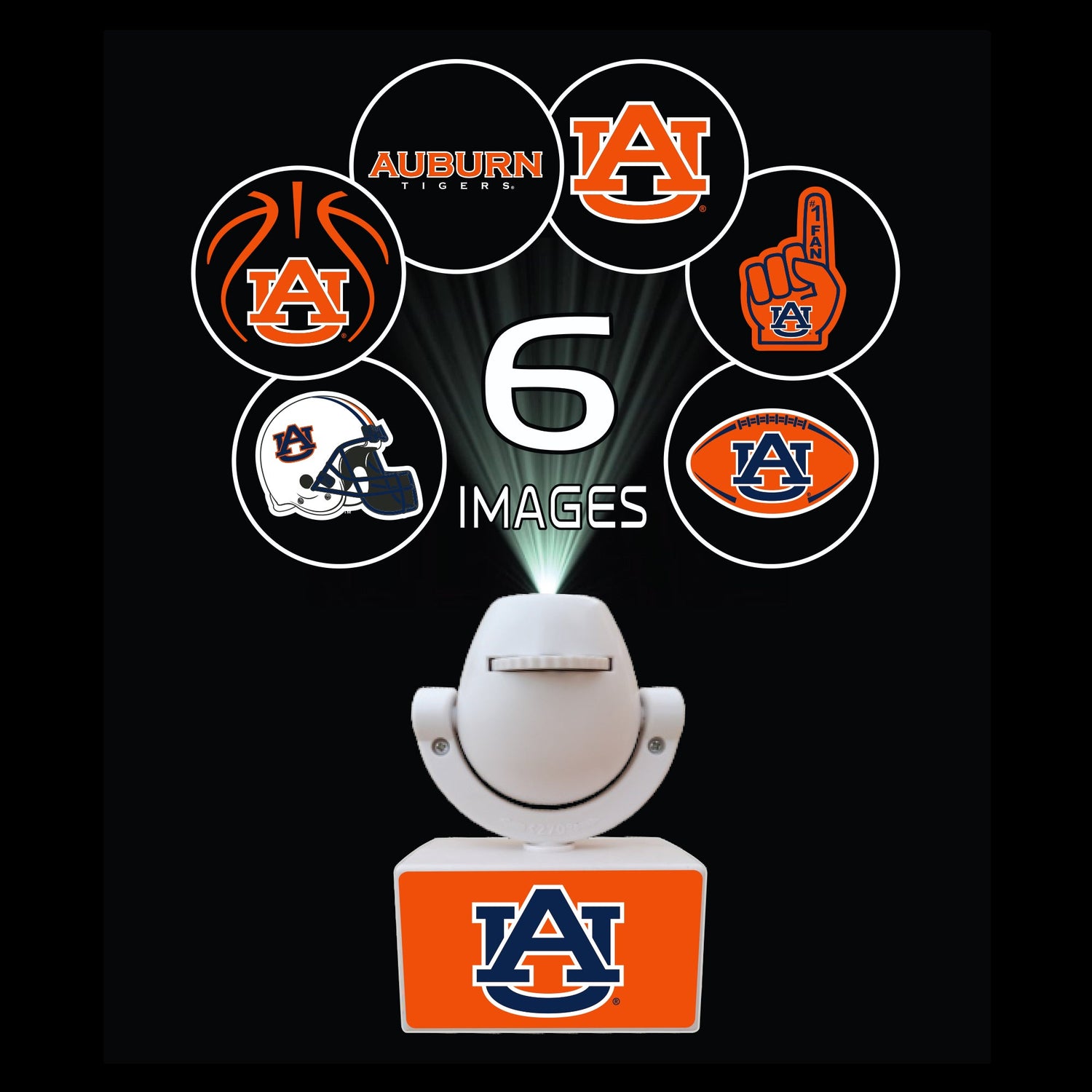 Projector with six different images of Auburn University logos on a black background