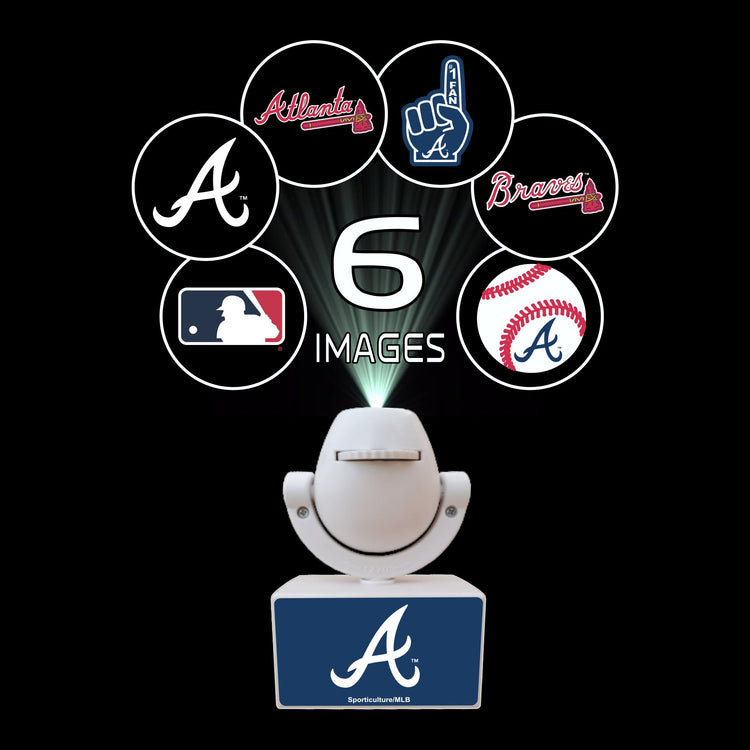 Product with multiple logos and images projected, featuring the Atlanta Braves logo.