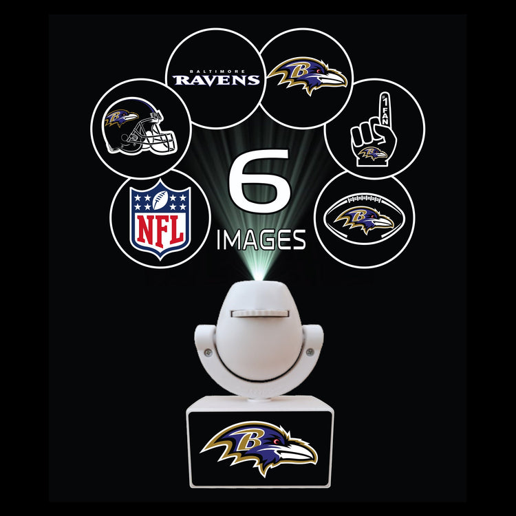 Light projector with Baltimore Ravens logo and NFL branding on a black background