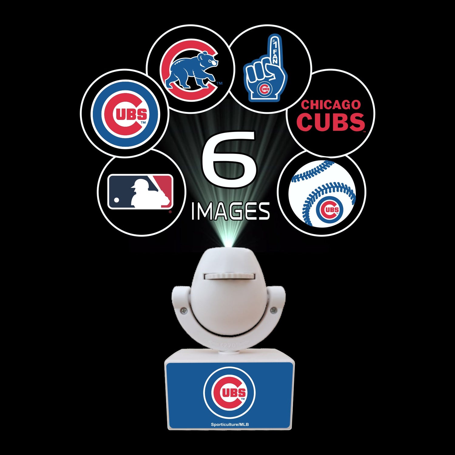 Chicago Cubs-themed product with multiple logos and images projected, on a black background.