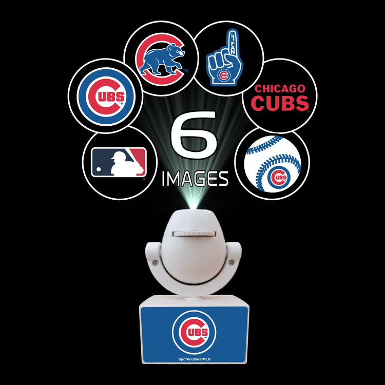 Chicago Cubs-themed product with multiple logos and images projected, on a black background.