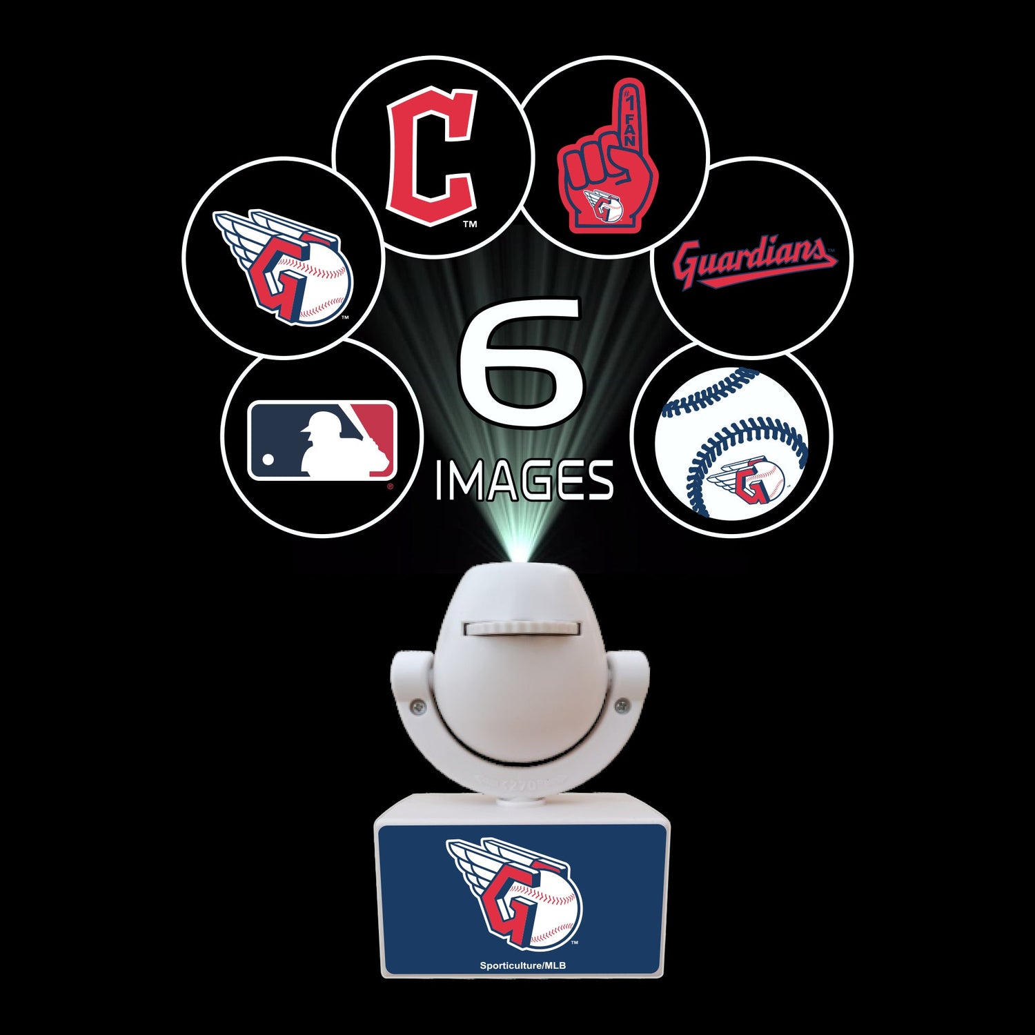 Baseball-themed projector with six different images on a black background