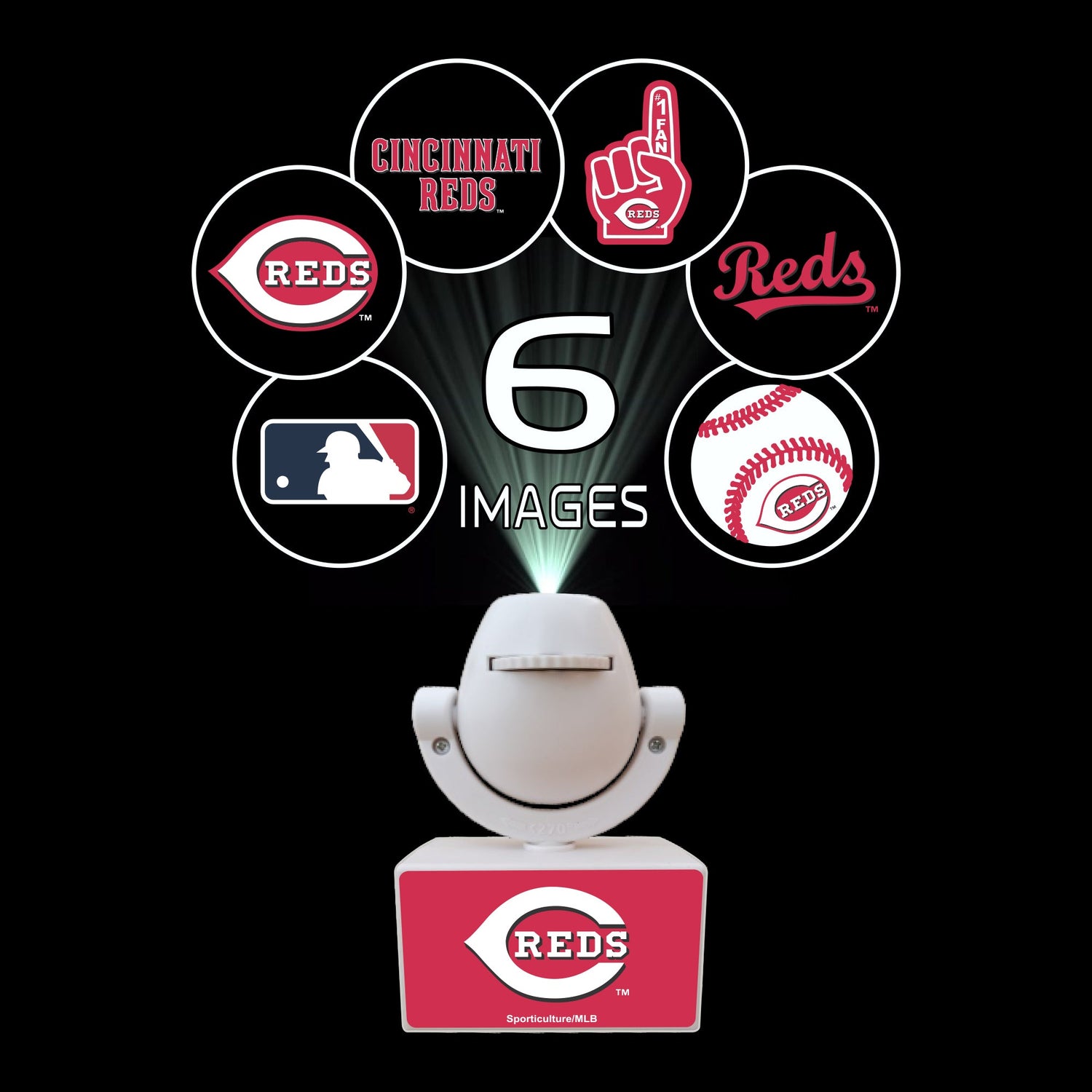 Decorative item with Cincinnati Reds logos and a projector on a black background