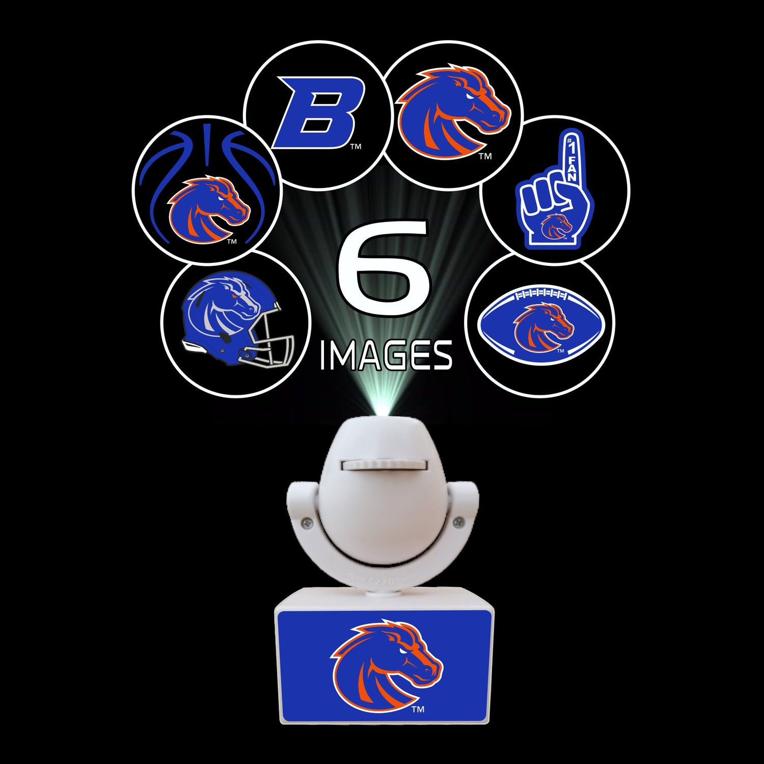 Light projector with Boise State Broncos logo and six image projection options on a black background.