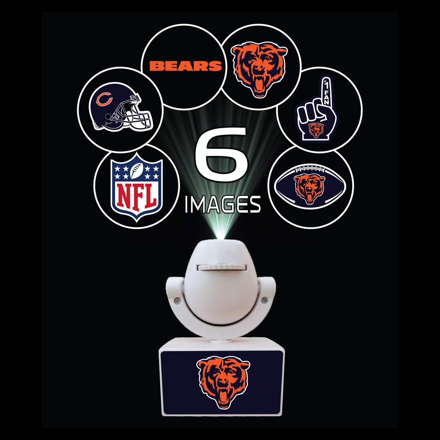 Light projector with multiple logos including a bear and NFL branding on a black background