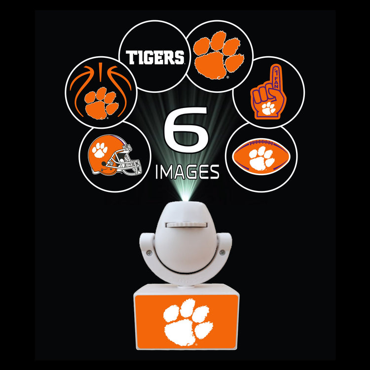 Projector with Clemson Tigers logo projecting six images on a black background