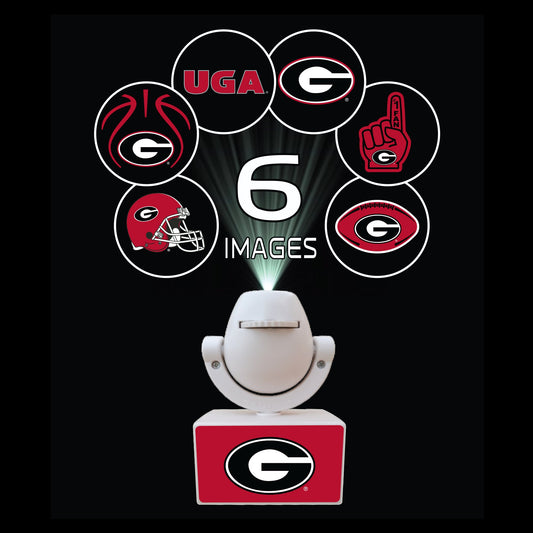 Set of sports team logos on small platforms with a camera on top, featuring Ohio State, Michigan, Florida, Texas, and Georgia.