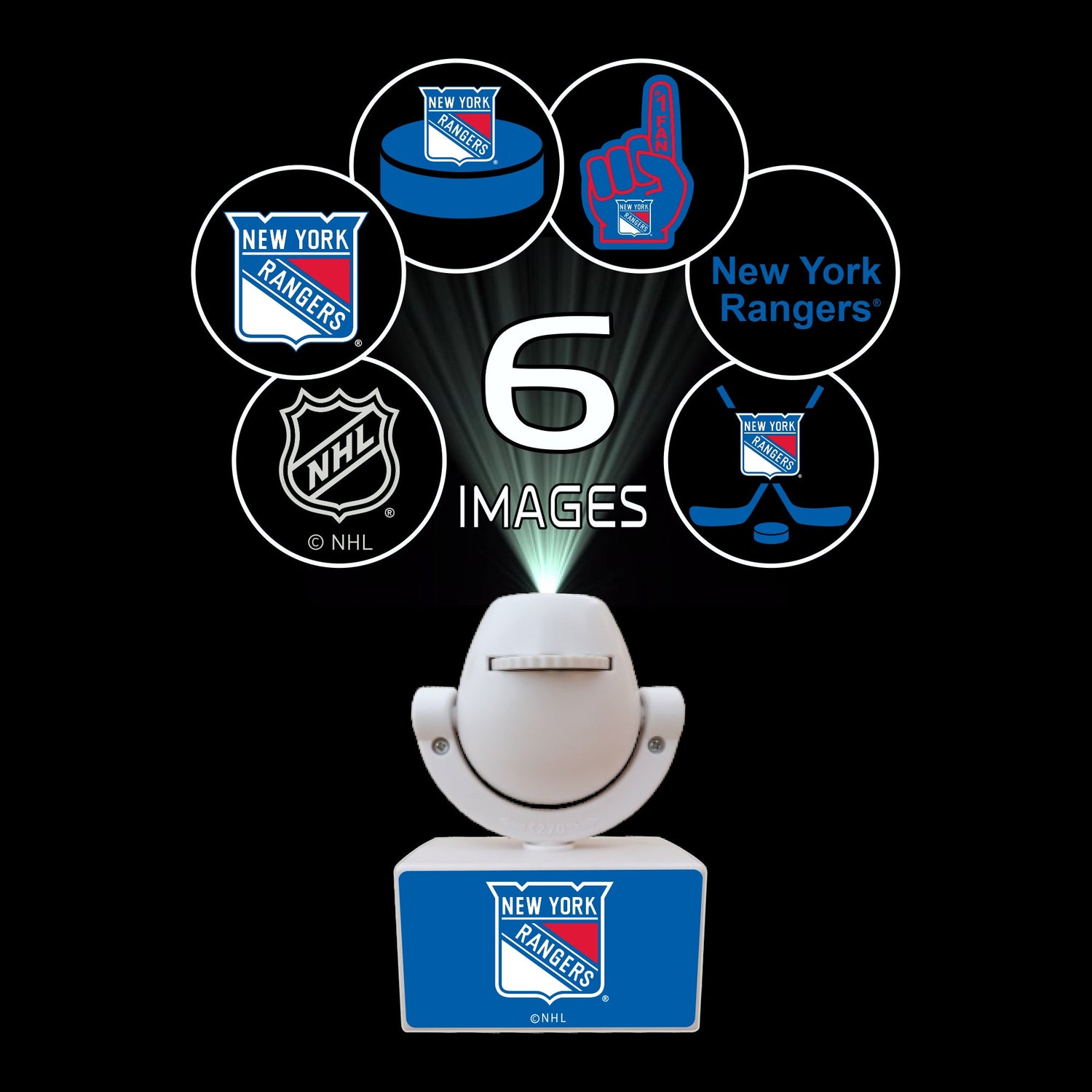 Hockey-themed projector with New York Rangers branding on a black background
