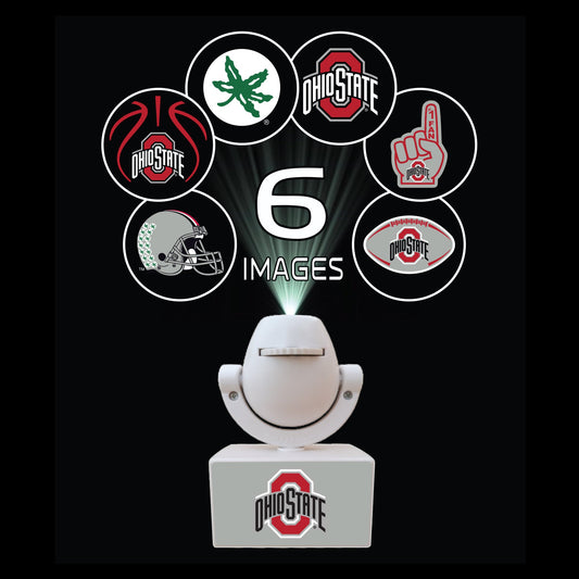 Set of sports team logos on small platforms with a camera on top, featuring Ohio State, Michigan, Florida, Texas, and Georgia.