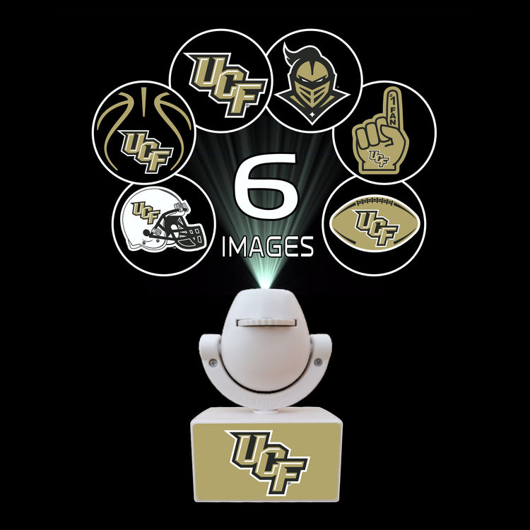 Decorative light with UCF logo and multiple images projected on a black background