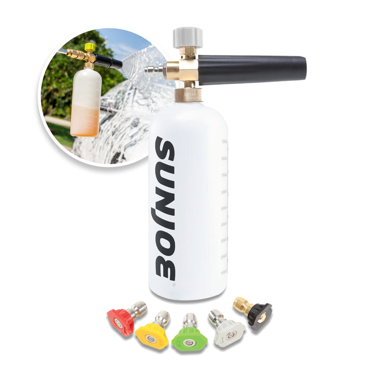 Foam cannon with multiple nozzles and a close-up inset showing its use.