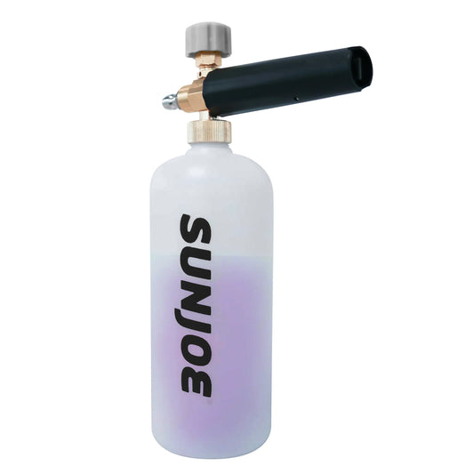 Foam cannon with multiple nozzles and a close-up inset showing its use.