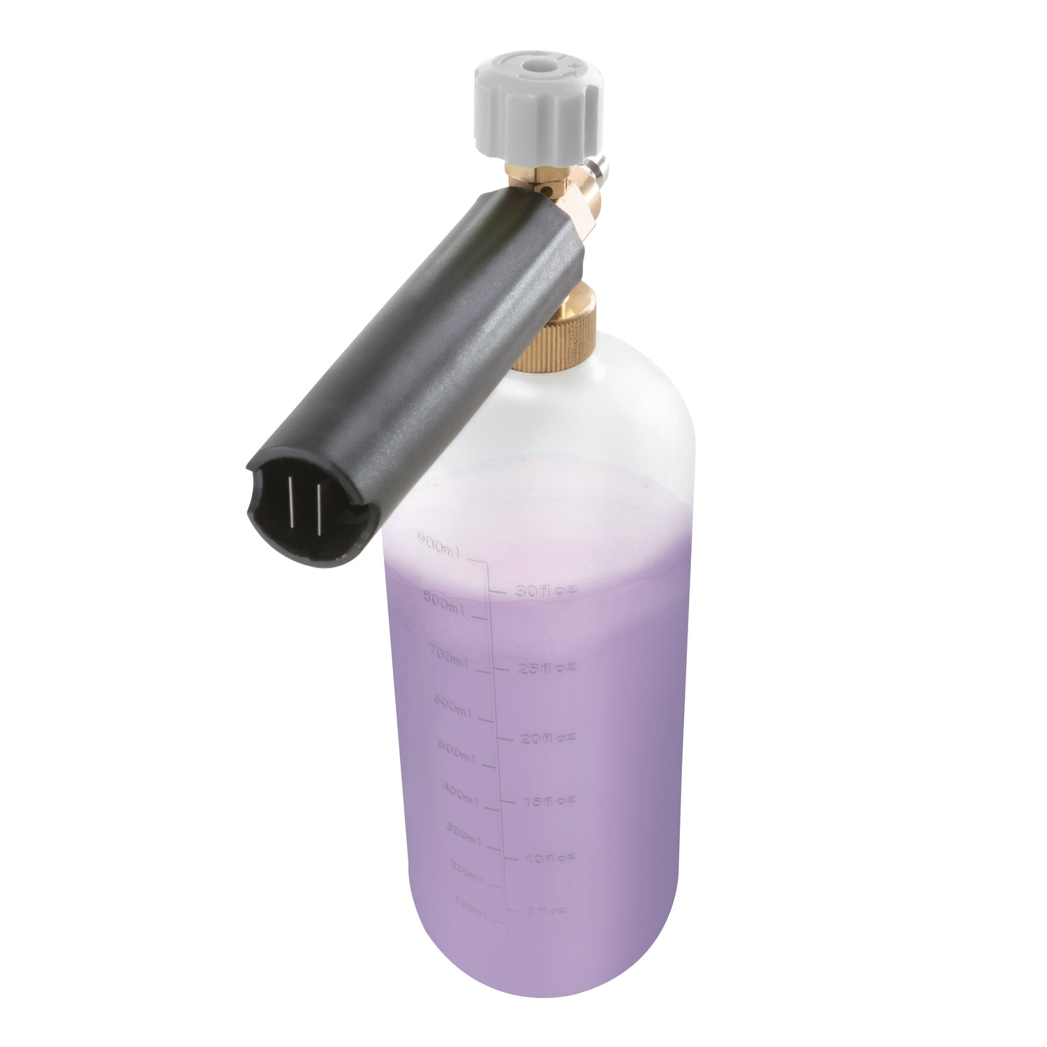 Foam cannon with a white container filled with a purple liquid on a white background