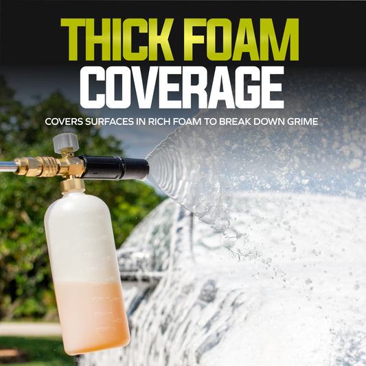 Foam cannon with multiple nozzles and a close-up inset showing its use.