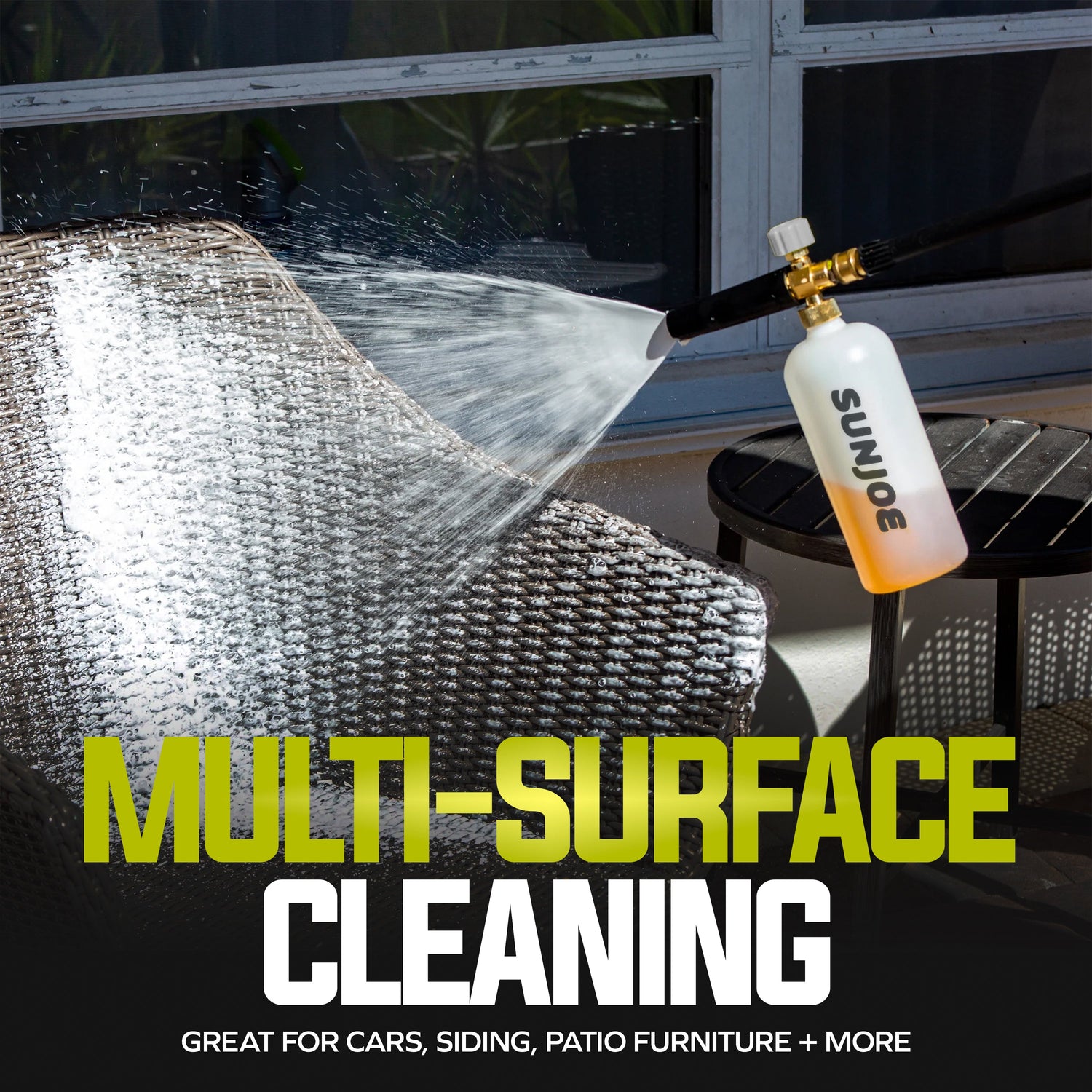SUNJOE pressure washer cleaning patio furniture with text 'Multi-Surface Cleaning' and 'Great for Cars, Siding, Patio Furniture + More'.