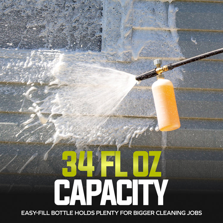 Pressure washer with a 34 fl oz capacity bottle spraying water on a concrete surface.