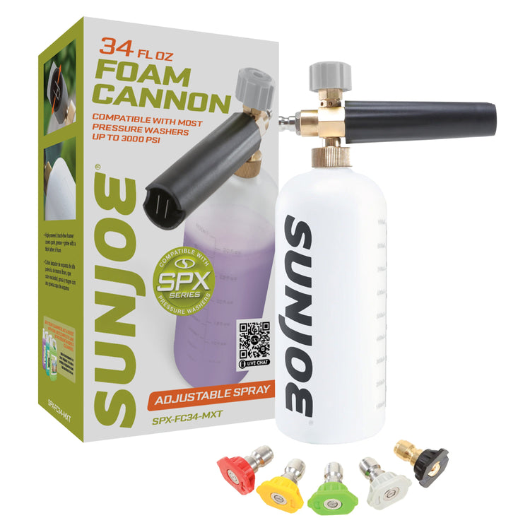 Sun Joe foam cannon with packaging and nozzles on a white background