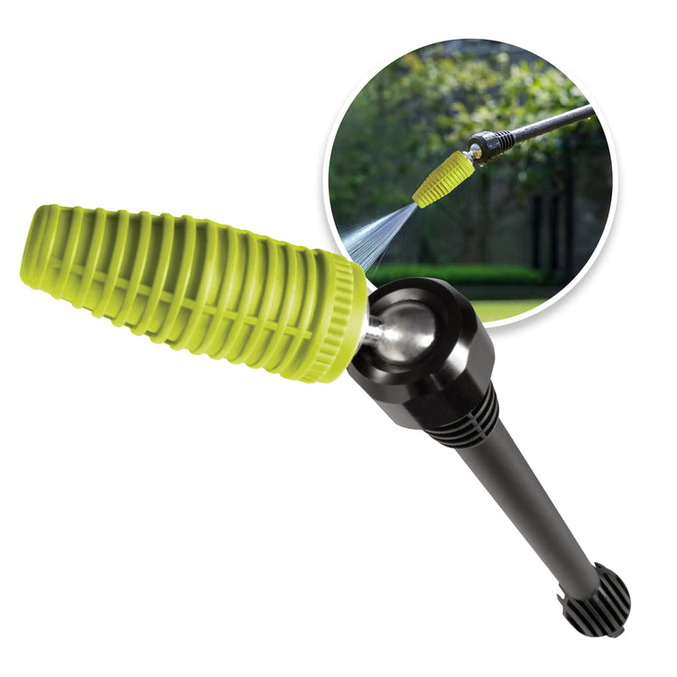 Garden hose nozzle with green spray tip and black body, inset showing water spraying.