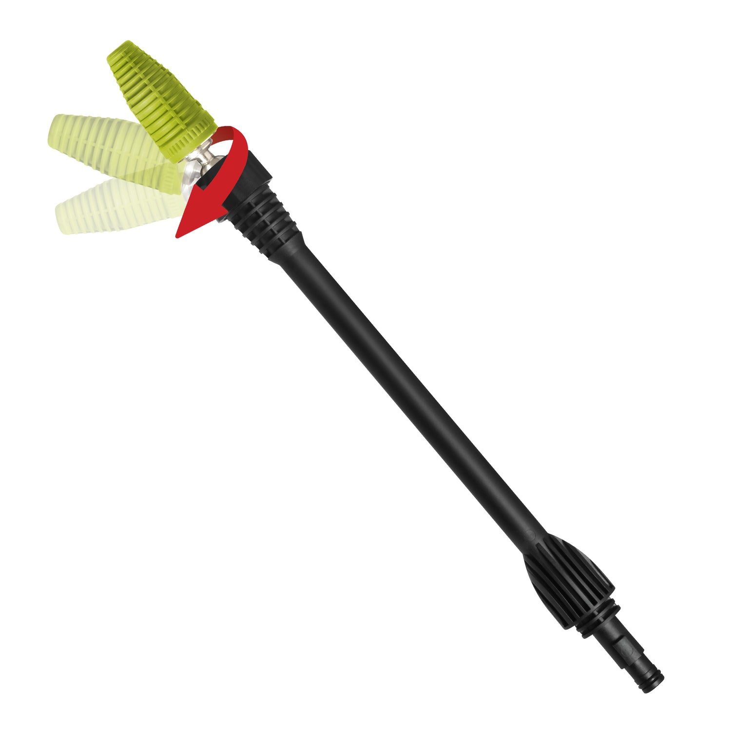 Black garden hose nozzle with green and red design on a white background