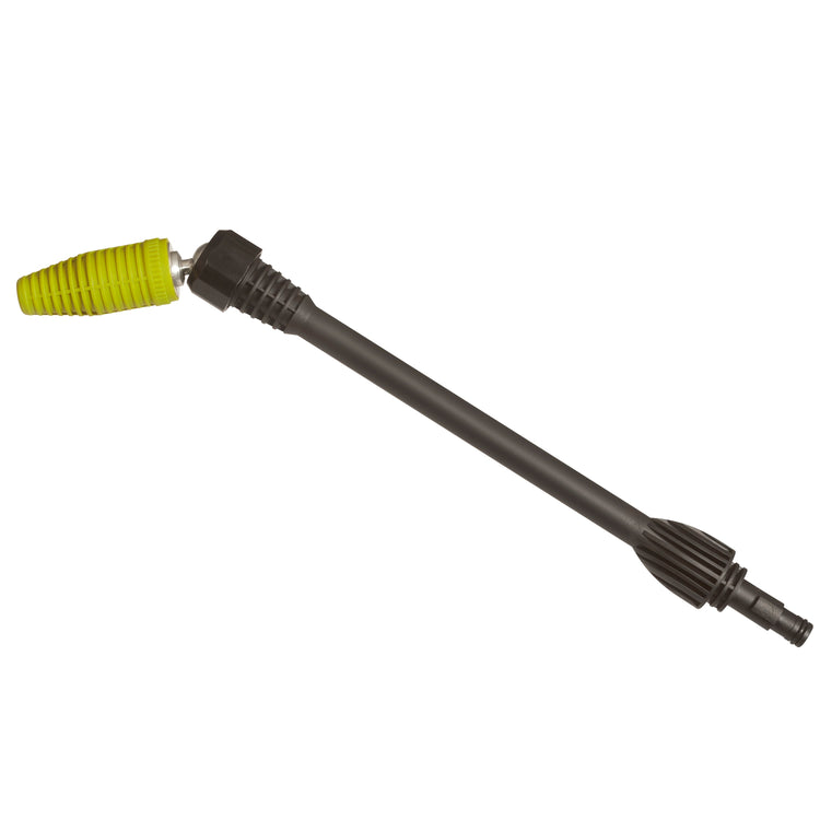 Black garden hose nozzle with a yellow spray head on a white background