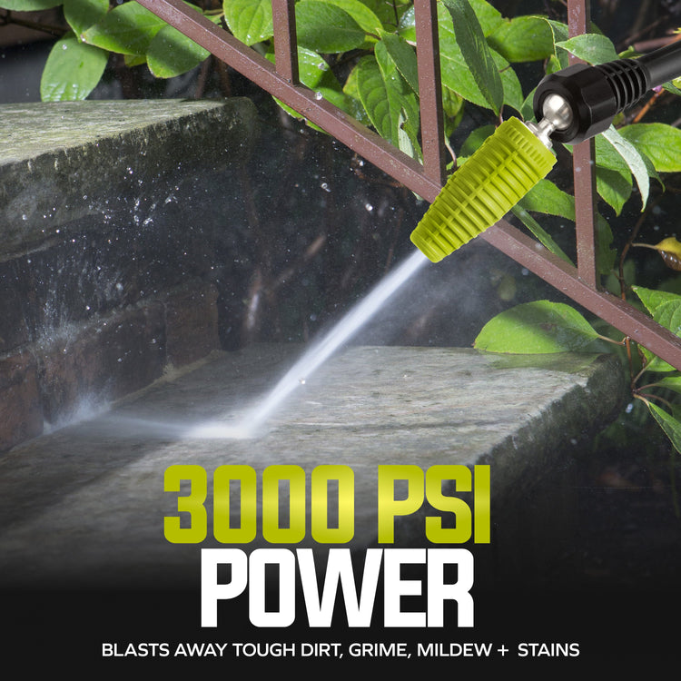 High-pressure washer nozzle cleaning a stone surface with greenery in the background, emphasizing 3000 PSI power.