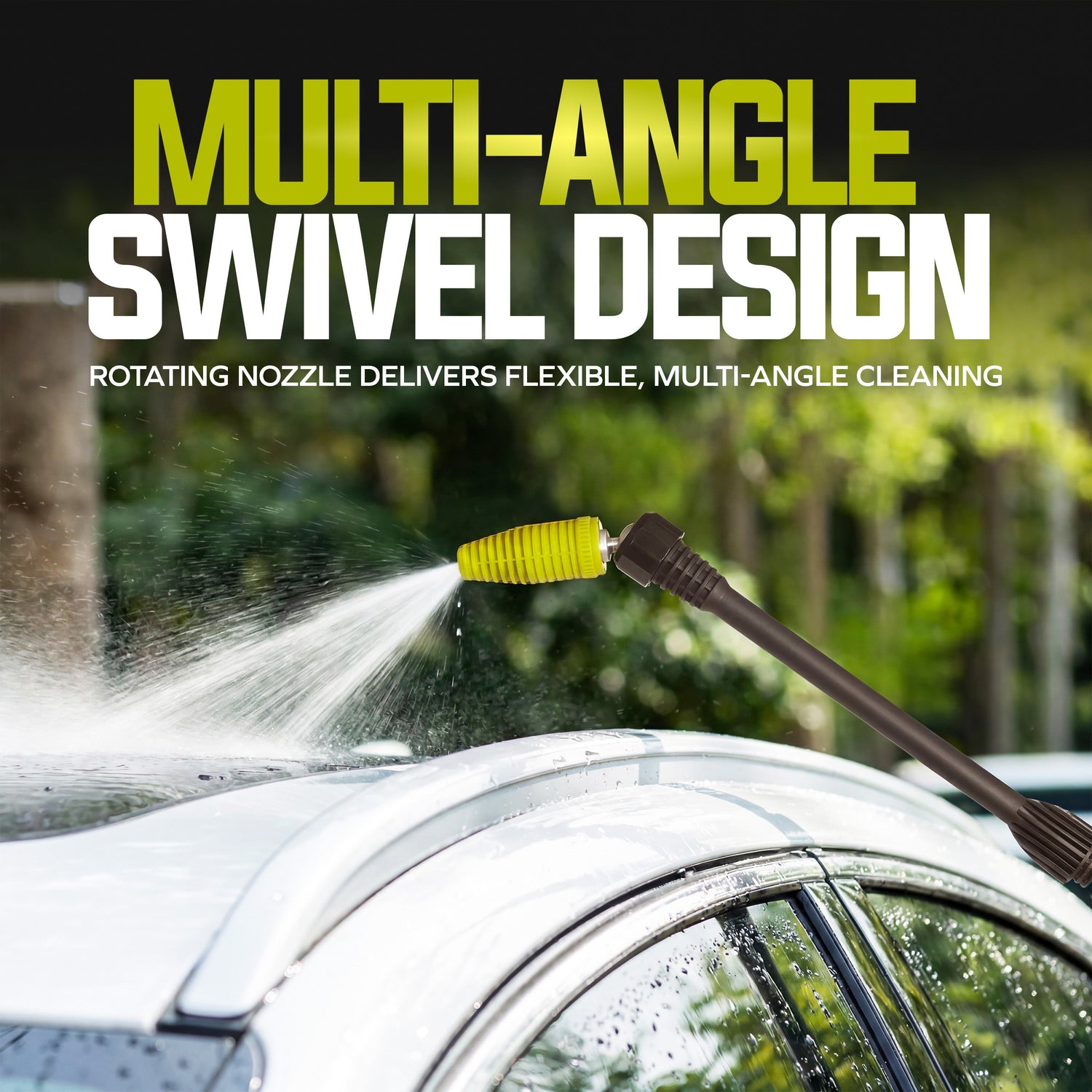 Car washing tool with rotating nozzle on a car, with text highlighting multi-angle swivel design.
