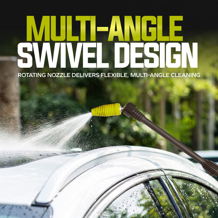 Car washing tool with rotating nozzle on a car, with text highlighting multi-angle swivel design.