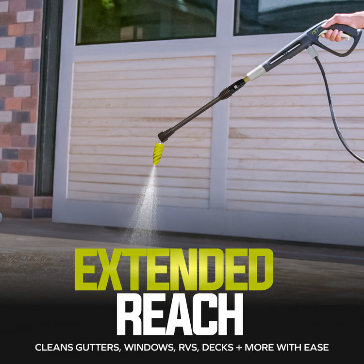 Person using a pressure washer with an extended reach feature to clean a window.