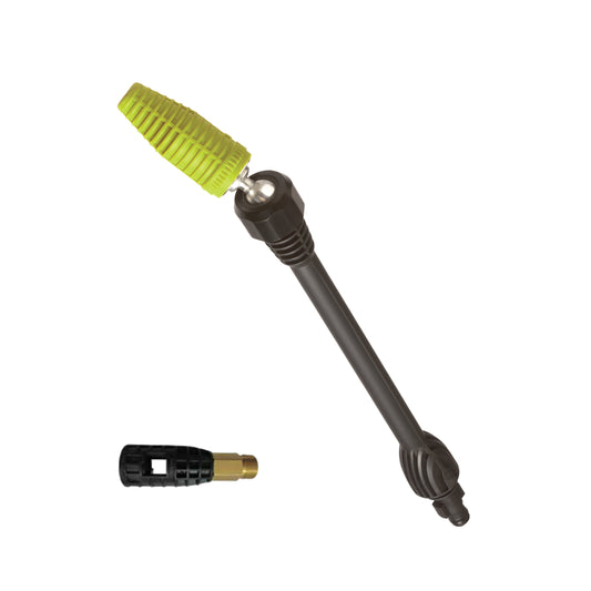 Garden hose nozzle with green spray tip and black body, inset showing water spraying.