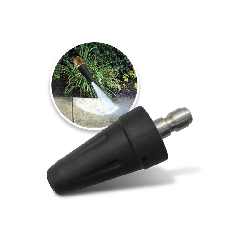 Black pressure washer nozzle with a close-up inset showing water spraying on pavement.