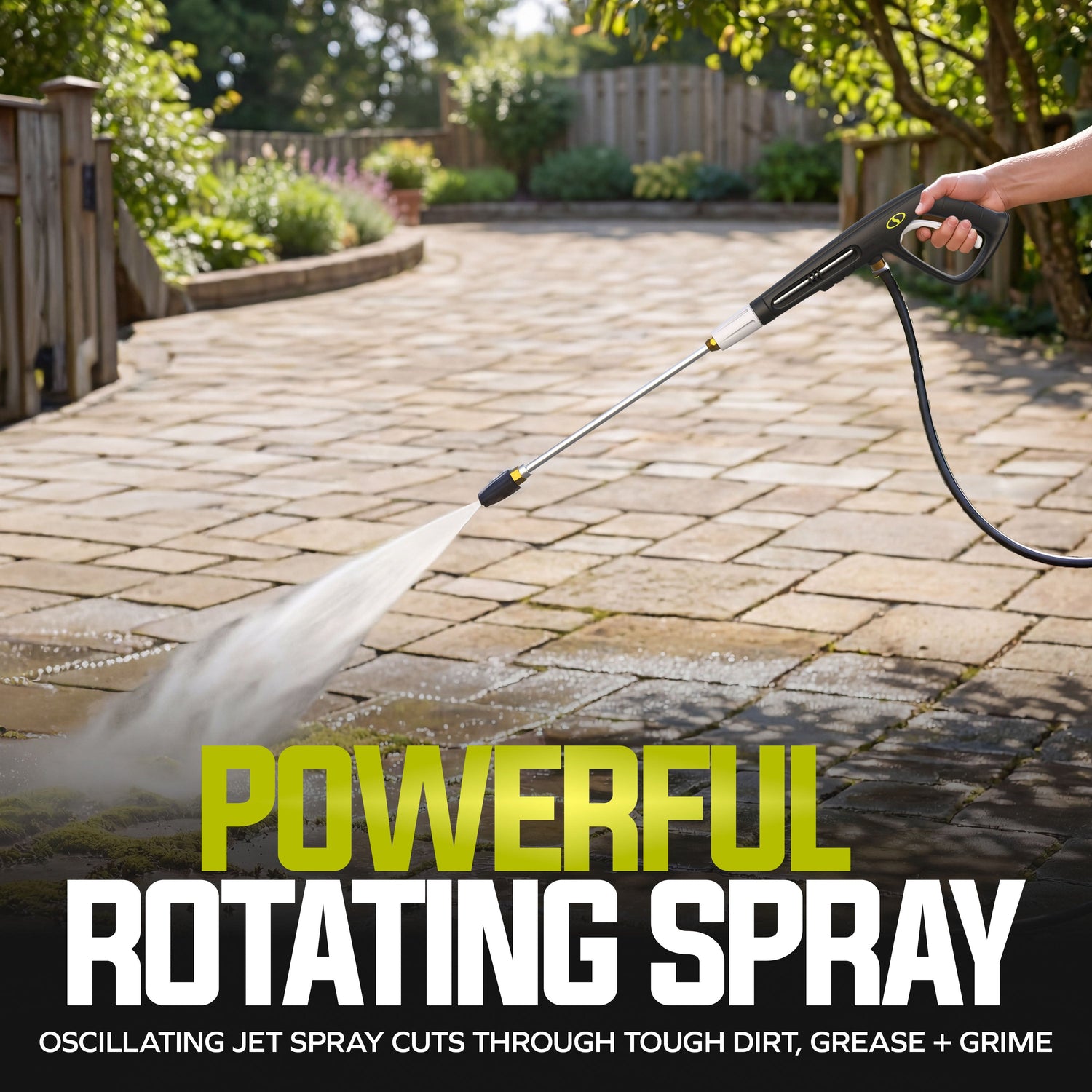 Person using a pressure washer on a stone patio with text highlighting 'Powerful Rotating Spray'.