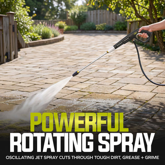 Black pressure washer nozzle with a close-up inset showing water spraying on pavement.