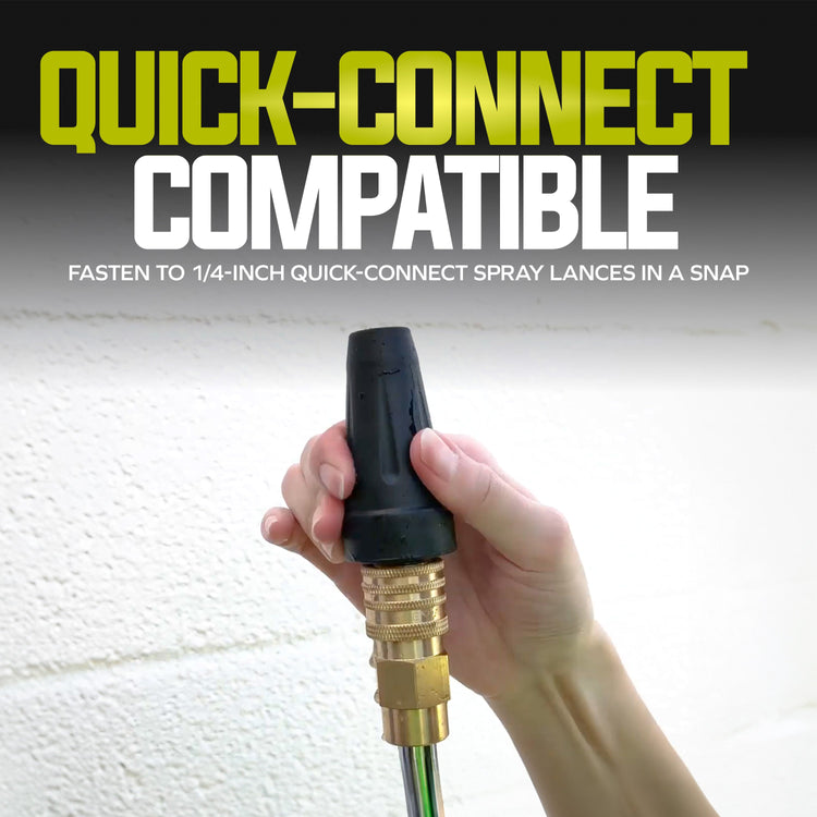 Hand holding a quick-connect spray lance with text about compatibility.