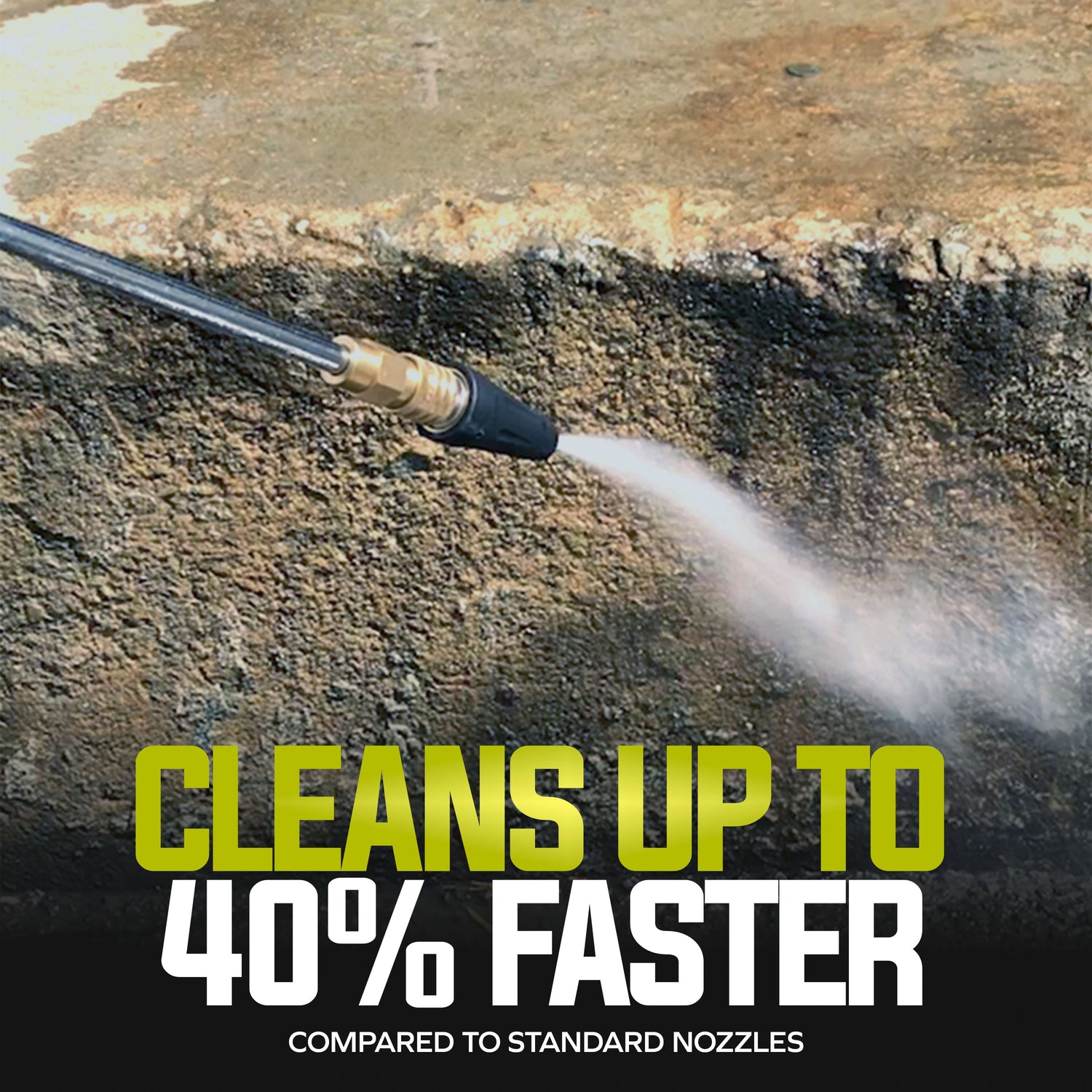 Pressure washer cleaning a surface with text indicating faster cleaning compared to standard nozzles.