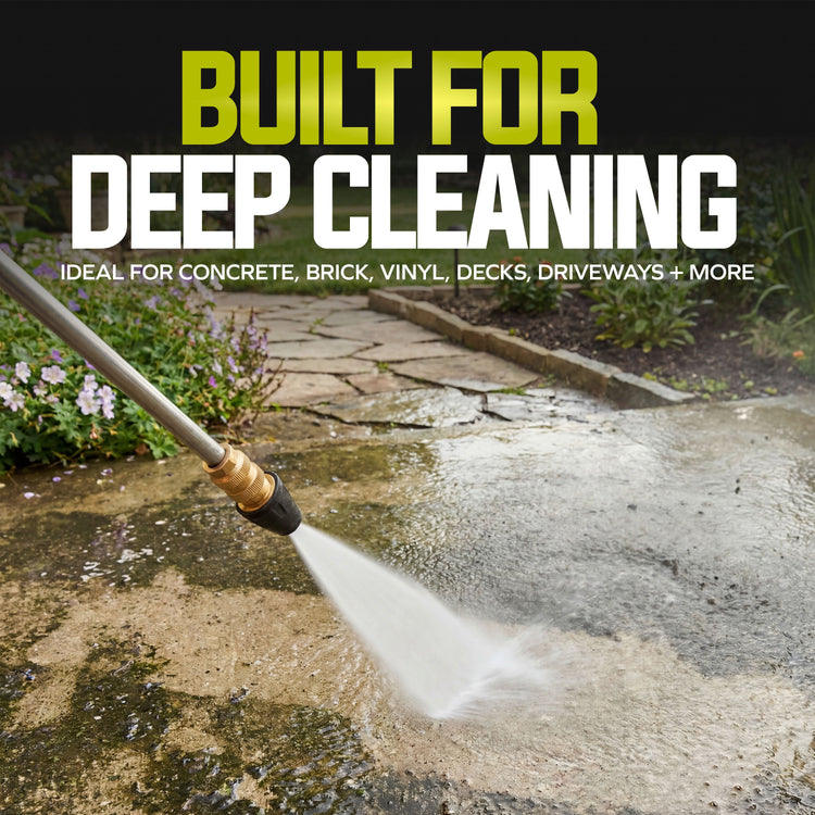 Pressure washer cleaning a concrete surface with text 'Built for Deep Cleaning' on a black background.