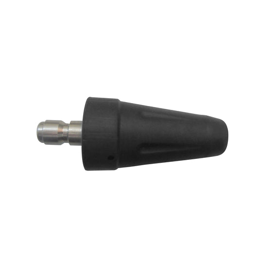 Black pressure washer nozzle with a close-up inset showing water spraying on pavement.