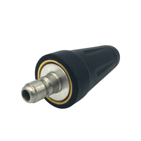 Black pressure washer nozzle with a close-up inset showing water spraying on pavement.