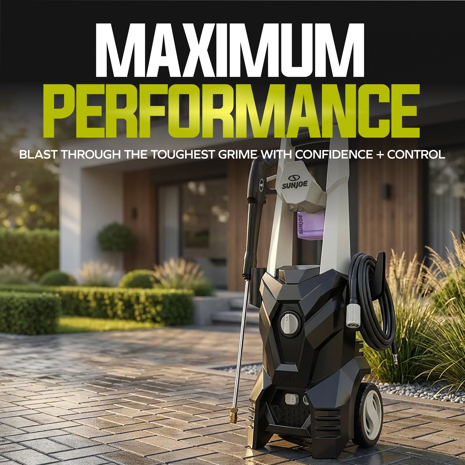 Sun Joe pressure washer with 'Maximum Performance' text in front of a house.