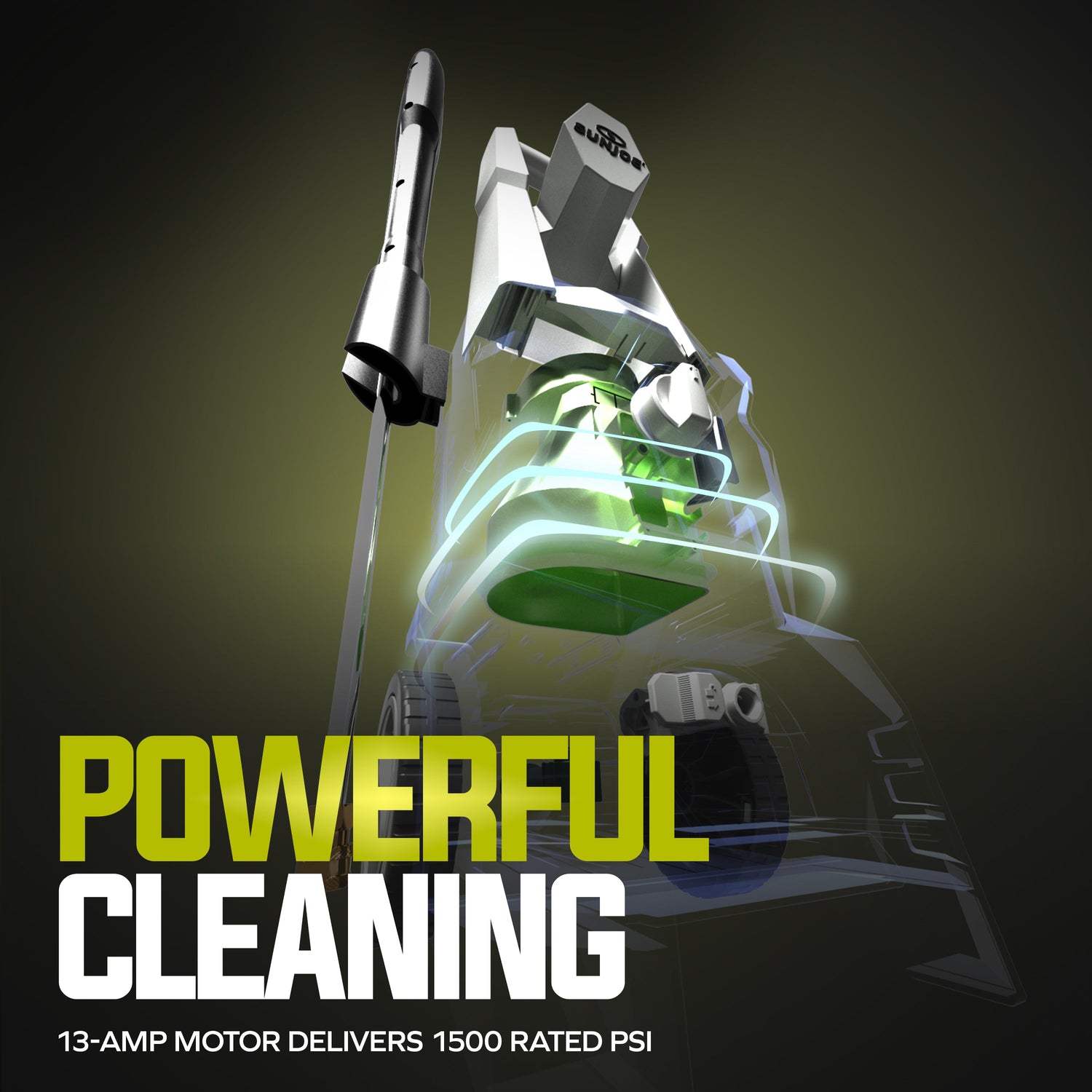 High-pressure washer with text highlighting powerful cleaning capabilities on a dark background