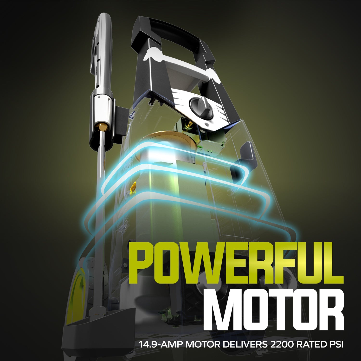 Pressure washer with 'Powerful Motor' text and specifications on a dark background
