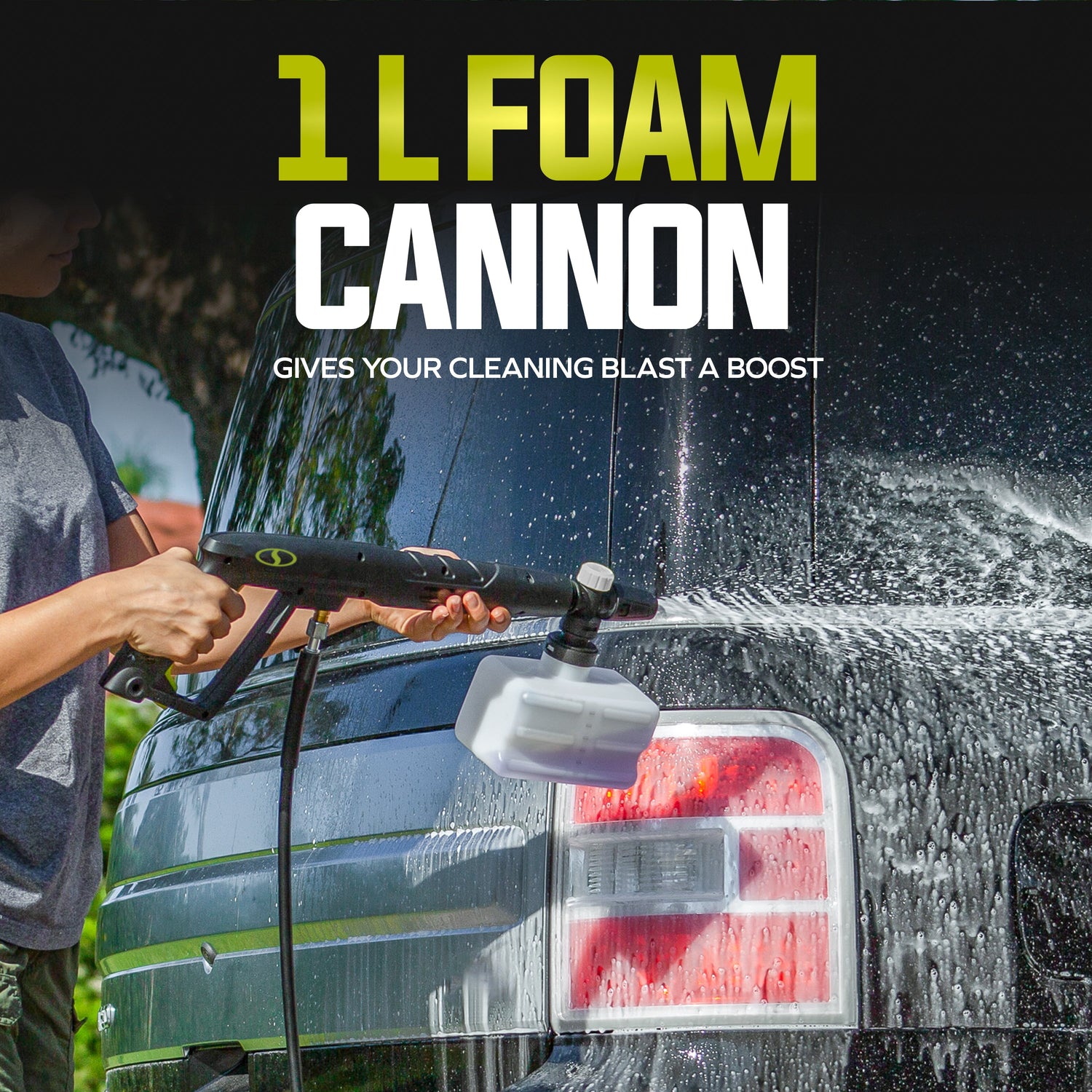 Person using a foam cannon to wash a car with text '1L Foam Cannon' and 'Gives your cleaning blast a boost'.