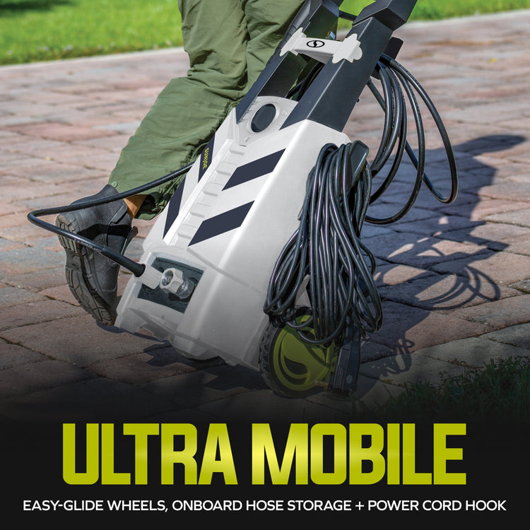 Pressure washer with hose storage on a patio, labeled 'Ultra Mobile'.
