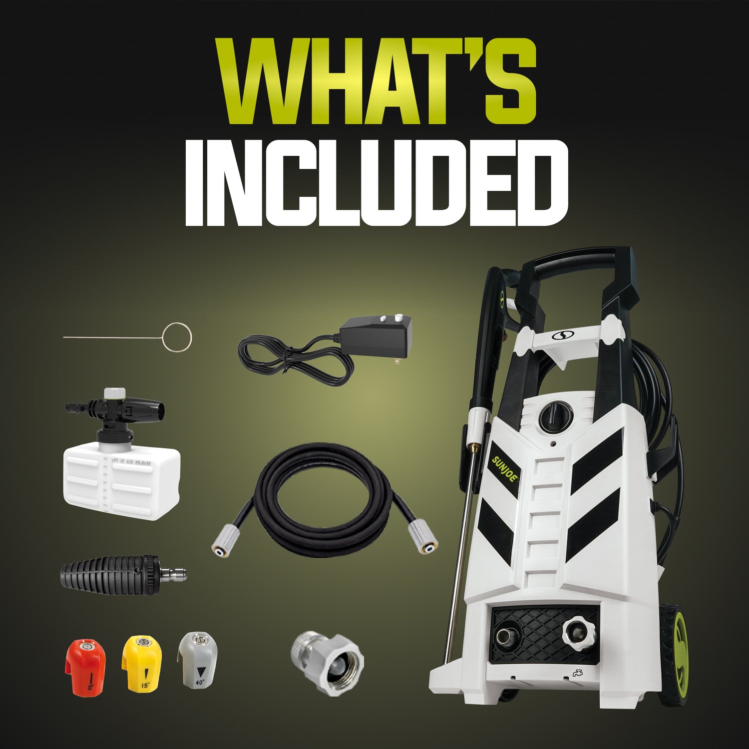 Pressure washer with various attachments on a dark background