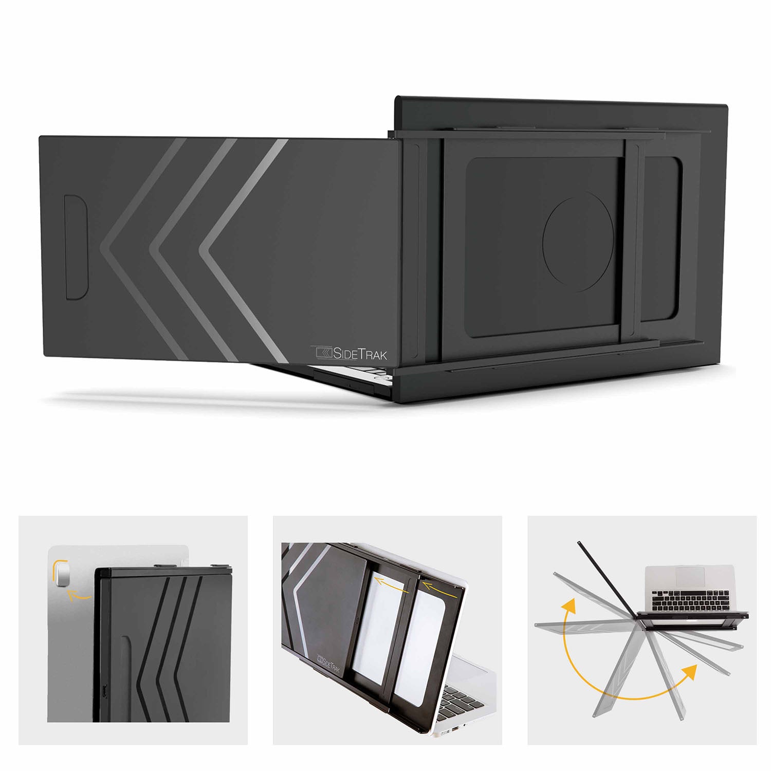 Black laptop stand with geometric design and 'CrisisTrak' branding on a white background.