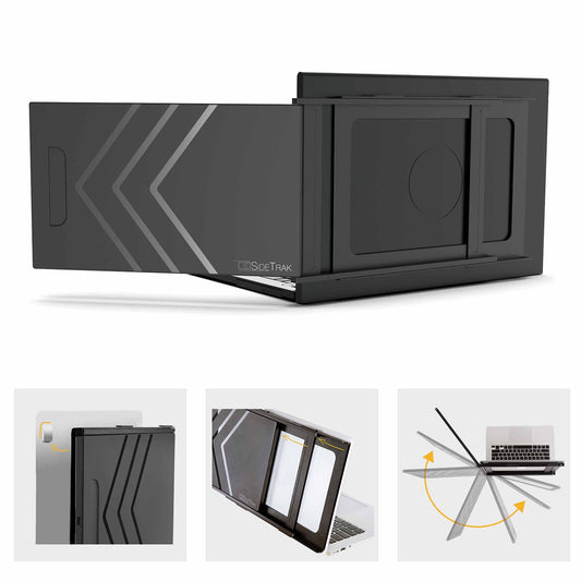 Portable monitor displaying a mountain scene connected to a laptop on a white background